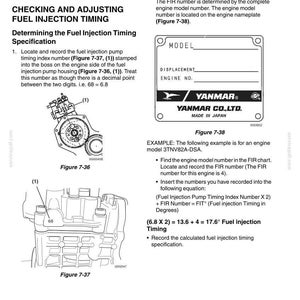 May include: A technical manual page titled FUEL SYSTEM, detailing procedures for checking and adjusting fuel injection timing. It includes diagrams labeled Figure 7-36 and 7-37, a Yanmar engine nameplate illustration, and mathematical formulas for calculating timing specifications.