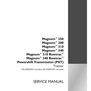 May include: A white service manual for Case IH Magnum tractors. The manual lists models Magnum 250, 280, 310, and 340, including Rowtrac versions. The manual also covers Powershift Transmission (PST) tractors.