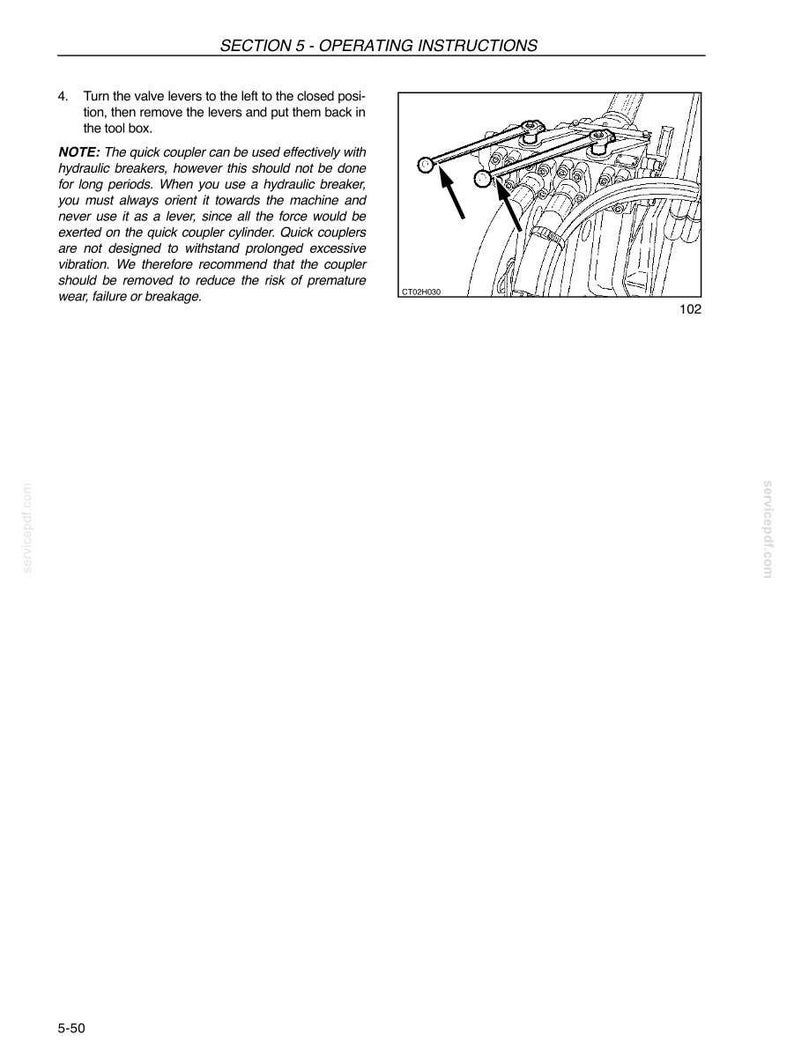 May include: An illustration from a manual showing operating instructions. The image includes a diagram of a machine component with arrows pointing to valve levers. Text at the top reads "SECTION 5 - OPERATING INSTRUCTIONS".