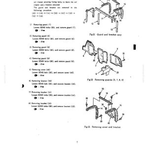 May include: A technical service manual page featuring black and white line drawings labelled Fig. 21, Fig. 22, and Fig. 23. The diagrams illustrate the disassembly of engine guards and brackets, with numbered components and text instructions.