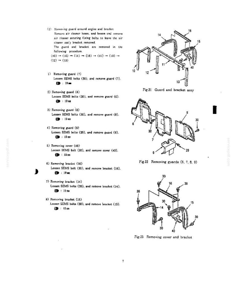 May include: A technical service manual page featuring black and white line drawings labelled Fig. 21, Fig. 22, and Fig. 23. The diagrams illustrate the disassembly of engine guards and brackets, with numbered components and text instructions.