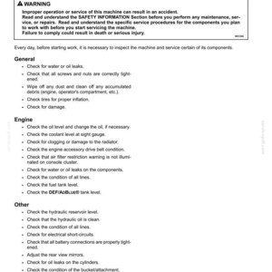 May include: A page from a maintenance manual with the title "7 - MAINTENANCE." The text includes a warning about improper operation and a list of daily inspection tasks for general, engine, and other components.