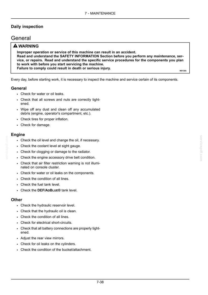 May include: A page from a maintenance manual with the title "7 - MAINTENANCE." The text includes a warning about improper operation and a list of daily inspection tasks for general, engine, and other components.