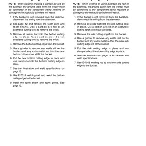 May include: A white page with instructions for replacing cutting edges on a bucket. The text includes steps for bottom and side cutting edge replacement, with notes on welding and safety precautions. The document is labeled "CUTTING EDGES".