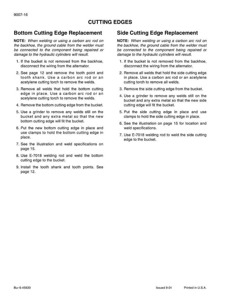May include: A white page with instructions for replacing cutting edges on a bucket. The text includes steps for bottom and side cutting edge replacement, with notes on welding and safety precautions. The document is labeled "CUTTING EDGES".