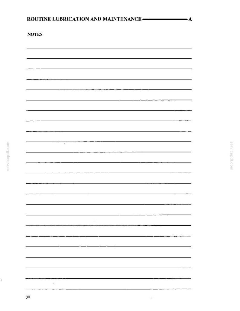May include: A white page from a manual titled ROUTINE LUBRICATION AND MAINTENANCE A, featuring the heading NOTES followed by twenty-two horizontal black lines for writing. The number 30 is printed in the bottom left corner of the page.