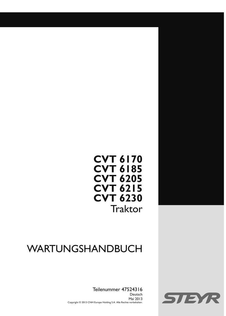 May include: A white maintenance manual cover with black text reading WARTUNGSHANDBUCH, CVT 6170, CVT 6185, CVT 6205, CVT 6215, CVT 6230, Traktor, Teilenummer 47524316, Deutsch, Mai 2013, and the STEYR logo in the bottom right corner.