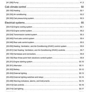 May include: A detailed table of contents from a manual, listing various systems and components. Sections include steering, cab climate control, and electrical systems. The page numbers are listed on the right.