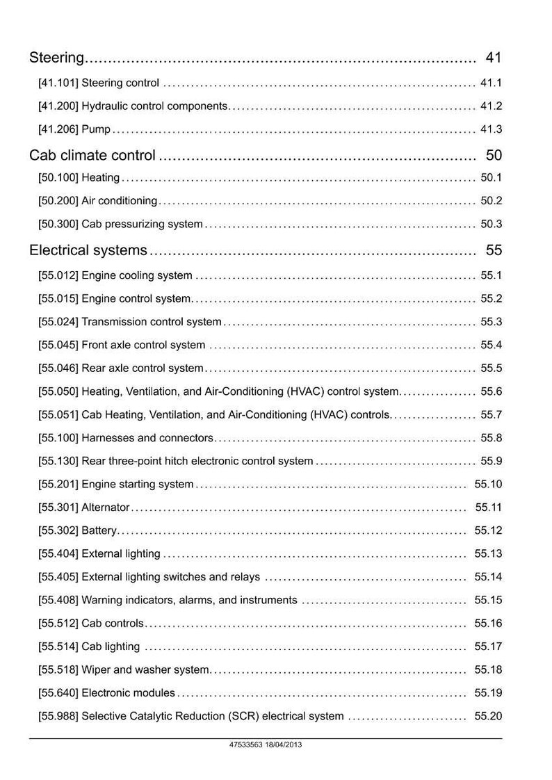 May include: A detailed table of contents from a manual, listing various systems and components. Sections include steering, cab climate control, and electrical systems. The page numbers are listed on the right.