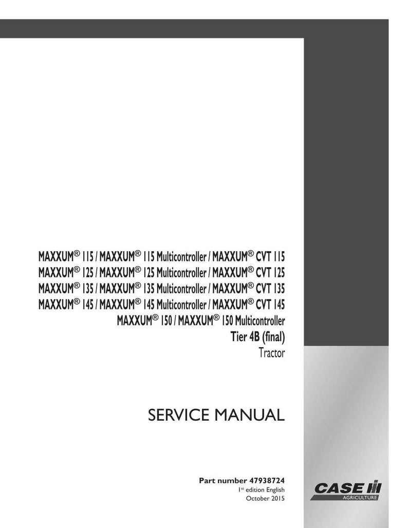 May include: A white service manual cover with black text. The text includes "MAXXUM" model numbers, "Multicontroller", "CVT", and "Tractor". The Case IH Agriculture logo is in the bottom right corner.