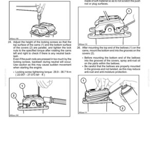 May include: Diagrams illustrating the assembly and disassembly of a travel remote control valve. Includes instructions for tightening screws, applying grease, and mounting bellows. Text includes torque specifications in foot-pounds.