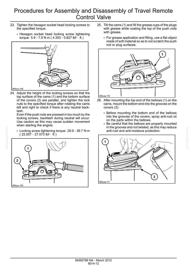 May include: Diagrams illustrating the assembly and disassembly of a travel remote control valve. Includes instructions for tightening screws, applying grease, and mounting bellows. Text includes torque specifications in foot-pounds.