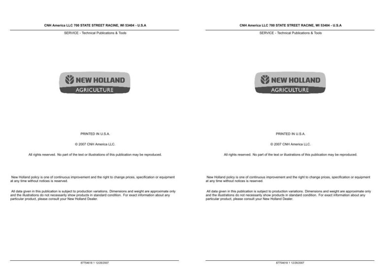 May include: Two identical pages of a New Holland Agriculture technical publication manual. The text includes CNH America LLC 700 State Street Racine, WI 53404 - U.S.A., Service - Technical Publications & Tools, Printed in U.S.A., and 2007 CNH America LLC.