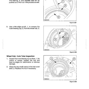 May include: Diagrams from a manual detailing axle components and inspection procedures. The illustrations show cross-sections of wheel hubs with numbered parts, including bearing cups and seals, for automotive repair.