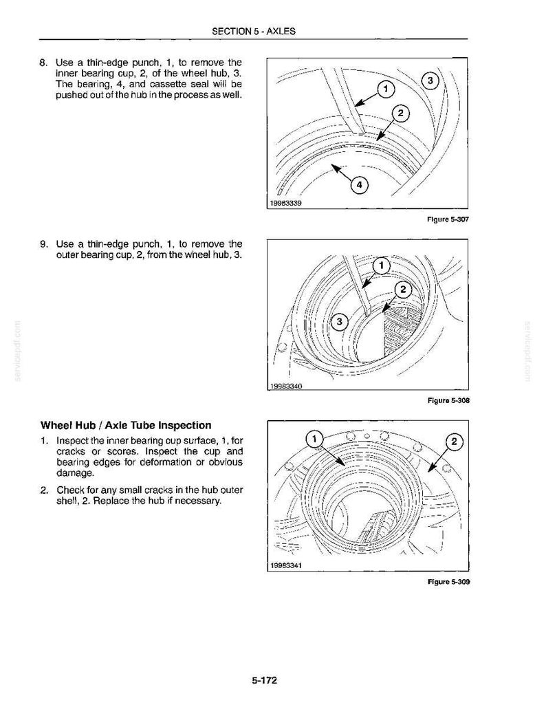 May include: Diagrams from a manual detailing axle components and inspection procedures. The illustrations show cross-sections of wheel hubs with numbered parts, including bearing cups and seals, for automotive repair.