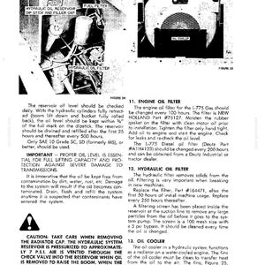 May include: A technical manual page featuring two black and white diagrams of machinery components labeled Hydraulic Oil Reservoir, Fuel Filter, Hydraulic Oil Filter, and Oil Cooler, accompanied by detailed maintenance instructions and safety warnings.