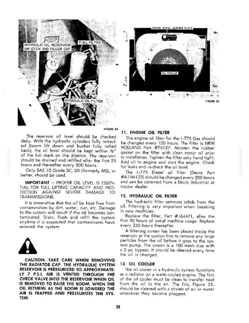 May include: A technical manual page featuring two black and white diagrams of machinery components labeled Hydraulic Oil Reservoir, Fuel Filter, Hydraulic Oil Filter, and Oil Cooler, accompanied by detailed maintenance instructions and safety warnings.
