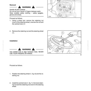 May include: A technical manual page titled SECTION 41 - STEERING - CHAPTER 1, detailing the removal and installation of a hydrostatic steering wheel. It includes two black and white line drawings showing the steering wheel, a central knob, and a tool.