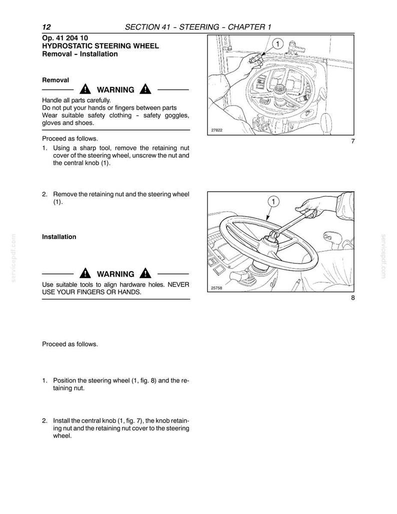 May include: A technical manual page titled SECTION 41 - STEERING - CHAPTER 1, detailing the removal and installation of a hydrostatic steering wheel. It includes two black and white line drawings showing the steering wheel, a central knob, and a tool.