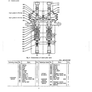 May include: A technical diagram titled 2. CONSTRUCTION AND OPERATION, Fig. 2 Construction of travel pilot valve. It features a cross-section drawing of a mechanical valve with numbered parts and a corresponding table listing names, quantities, and torque values in kgf&middot;m and ft&middot;lbs.
