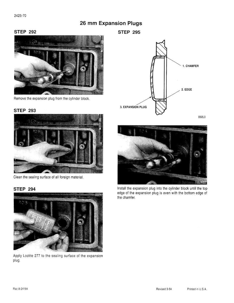 May include: Diagram showing the steps for installing 26 mm expansion plugs. The steps include removing the old plug, cleaning the surface, applying Loctite 277, and installing the new plug. The diagram includes a cross-section of the plug.