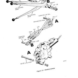 May include: An engineering diagram of control levers, featuring detailed illustrations of various components such as pivot pins, bushings, and connecting rods. The diagram includes labels like "Clam Control Lever" and "Tilt Control Lever", with measurements in inches.