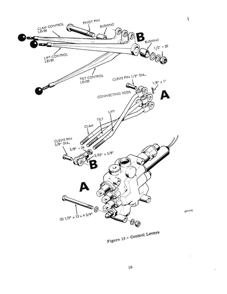 May include: An engineering diagram of control levers, featuring detailed illustrations of various components such as pivot pins, bushings, and connecting rods. The diagram includes labels like "Clam Control Lever" and "Tilt Control Lever", with measurements in inches.