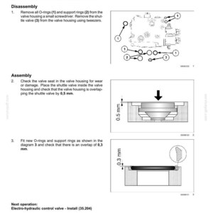 May include: A technical document page titled Electronically-controlled hitch valve - Replace (Shuttle valve) featuring three diagrams. The diagrams illustrate the disassembly and assembly process, including O-rings, support rings, and a 0.5 mm and 0.3 mm overlap.