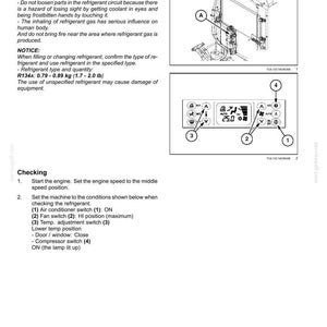 Pode incluir: Uma p&aacute;gina de manual t&eacute;cnico intitulada 7-MAINTENANCE, detalhando as verifica&ccedil;&otilde;es do refrigerante do ar condicionado. Inclui avisos de seguran&ccedil;a, tipo de refrigerante R134A com uma quantidade de 0,79-0,89 kg, um diagrama do visor e um painel de controlo.
