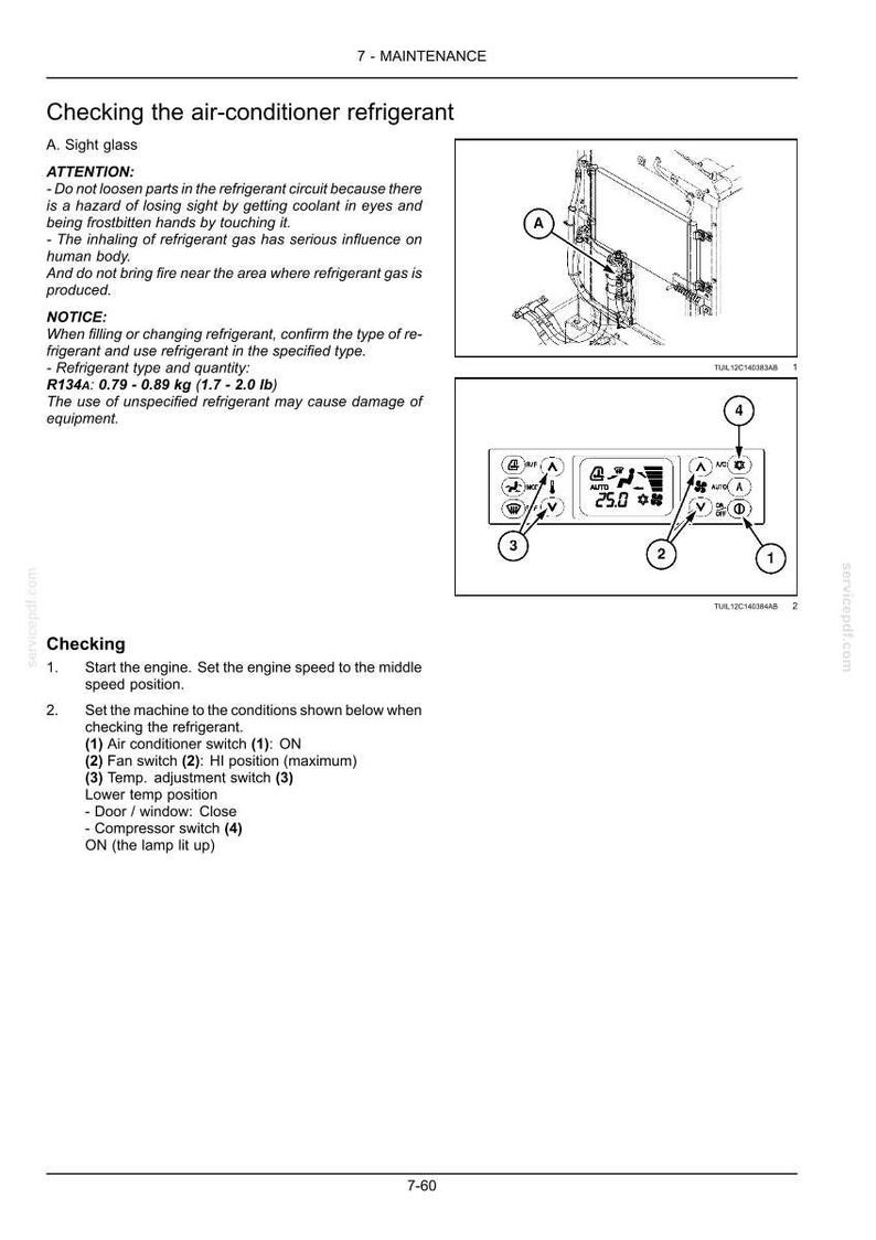 Pode incluir: Uma p&aacute;gina de manual t&eacute;cnico intitulada 7-MAINTENANCE, detalhando as verifica&ccedil;&otilde;es do refrigerante do ar condicionado. Inclui avisos de seguran&ccedil;a, tipo de refrigerante R134A com uma quantidade de 0,79-0,89 kg, um diagrama do visor e um painel de controlo.
