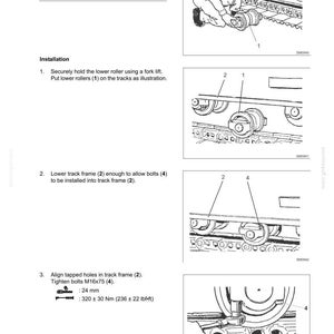 May include: A technical manual page titled UPPER AND LOWER ROLLER E135B, featuring black and white line drawings of heavy machinery maintenance. It includes instructions for removing and installing a lower roller with a mass of 26 kg or 57.3 lbs.