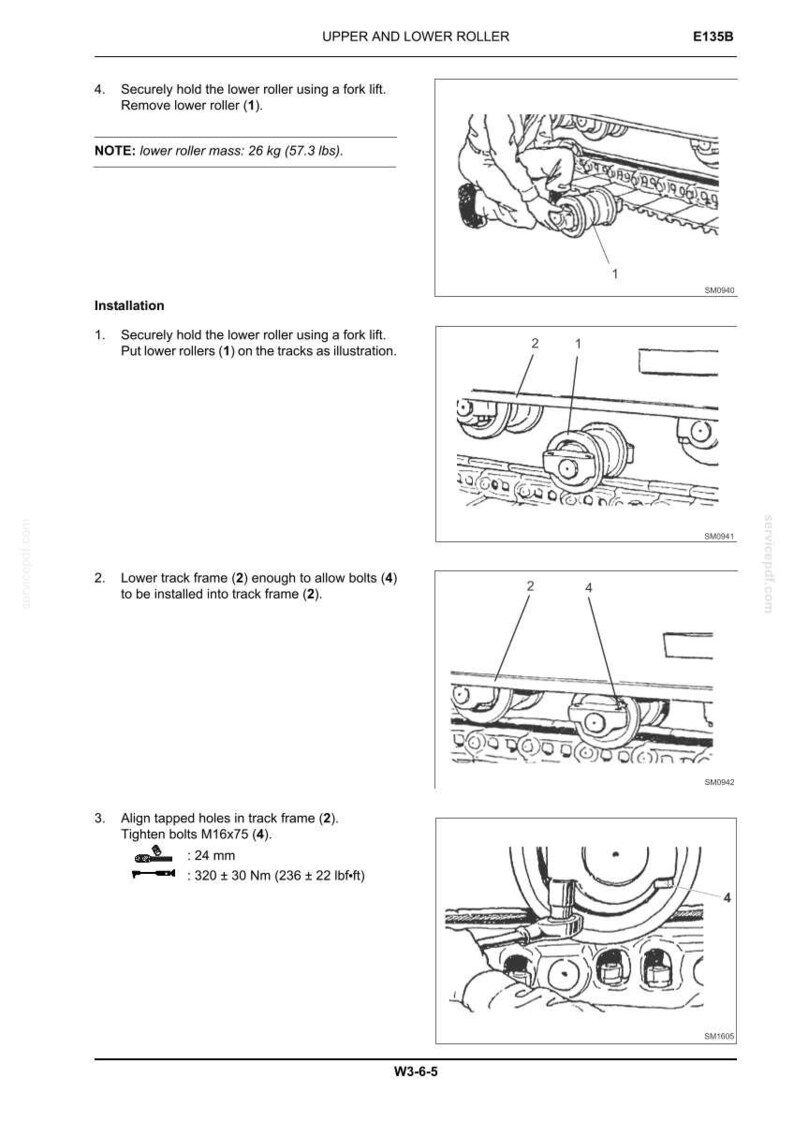 May include: A technical manual page titled UPPER AND LOWER ROLLER E135B, featuring black and white line drawings of heavy machinery maintenance. It includes instructions for removing and installing a lower roller with a mass of 26 kg or 57.3 lbs.