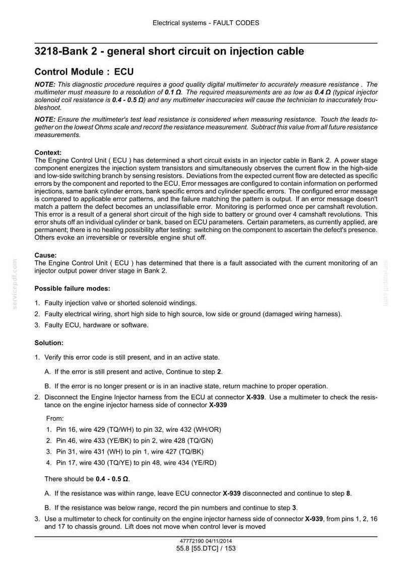 May include: A technical document titled Electrical systems - FAULT CODES 3218-Bank 2 - general short circuit on injection cable. It details diagnostic procedures, context, causes, and solutions for an ECU error, including specific pin wiring.