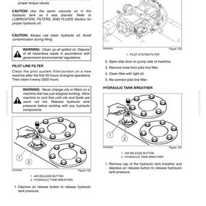May include: A technical manual page titled Chapter 6 Maintenance and Adjustments, featuring black and white line drawings of hydraulic machinery components, including a pilot system filter and a hydraulic tank breather with air release buttons.