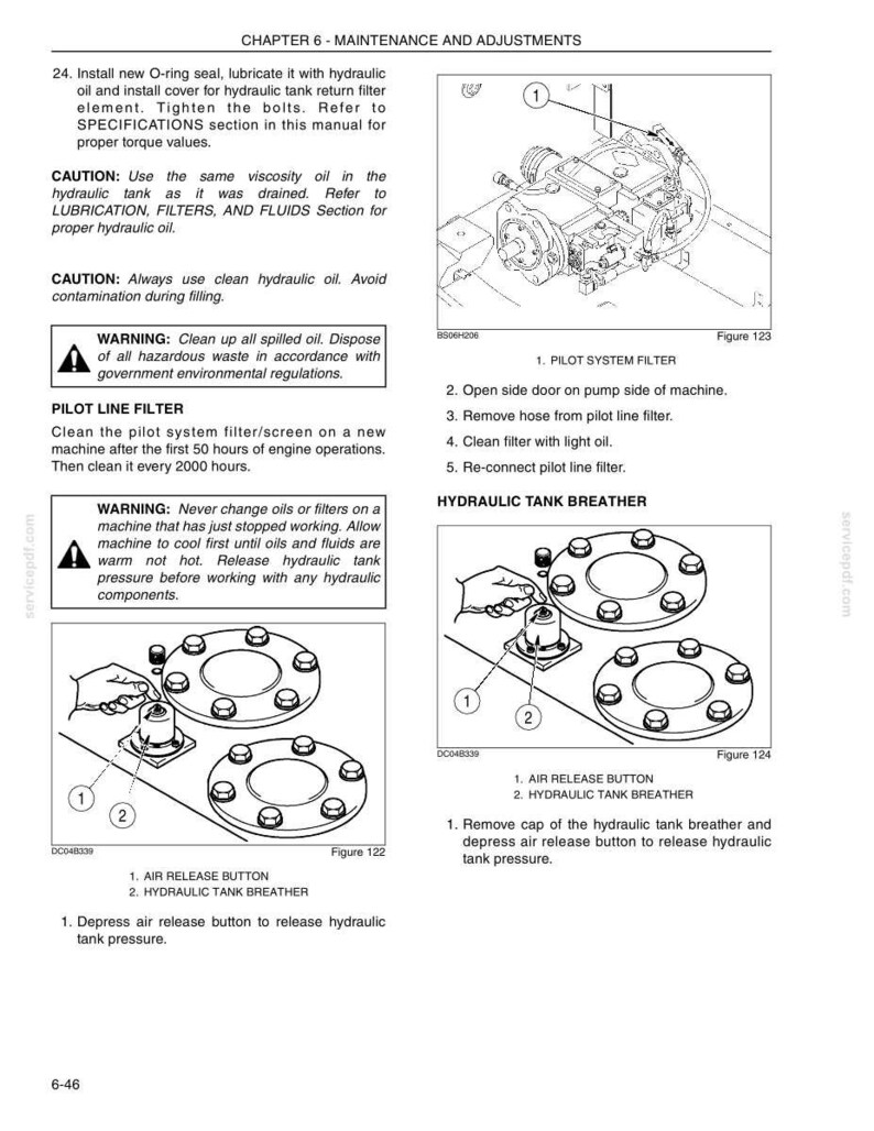 May include: A technical manual page titled Chapter 6 Maintenance and Adjustments, featuring black and white line drawings of hydraulic machinery components, including a pilot system filter and a hydraulic tank breather with air release buttons.