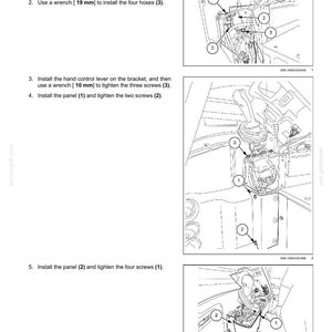 May include: Technical diagram showing the installation of a dozer lever, with numbered parts and instructions. Wrench sizes are specified in millimetres. The image is a detailed technical drawing with labels and arrows.