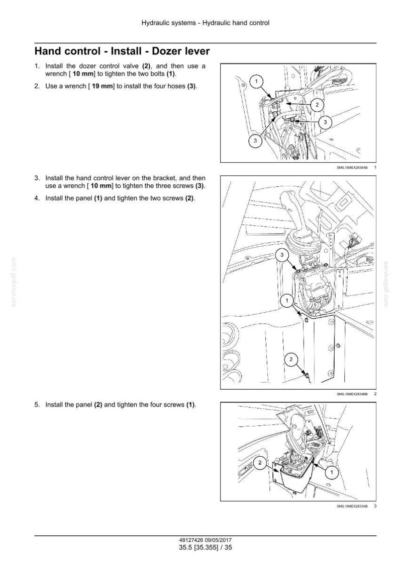 May include: Technical diagram showing the installation of a dozer lever, with numbered parts and instructions. Wrench sizes are specified in millimetres. The image is a detailed technical drawing with labels and arrows.