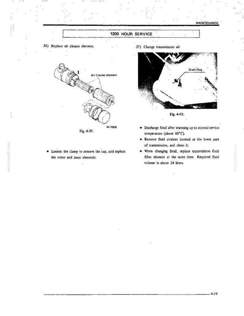 Puede incluir: Una p&aacute;gina de manual t&eacute;cnico titulada 1200 HOUR SERVICE con dos diagramas. La figura 4-39 muestra un conjunto de elemento de filtro de aire con tapa y abrazadera. La figura 4-40 muestra un tap&oacute;n de drenaje de transmisi&oacute;n con instrucciones.