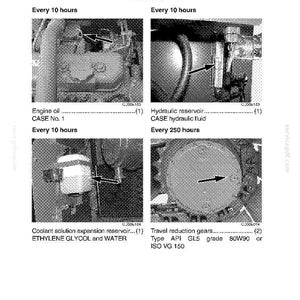 May include: Diagram of a machine's lubrication and fluid levels, including engine oil, hydraulic reservoir, and coolant solution expansion reservoir. Text indicates maintenance intervals and fluid types.