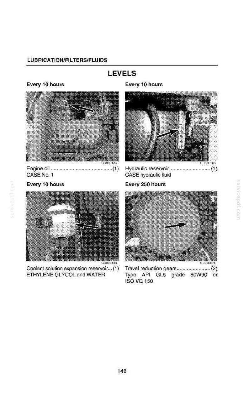 May include: Diagram of a machine's lubrication and fluid levels, including engine oil, hydraulic reservoir, and coolant solution expansion reservoir. Text indicates maintenance intervals and fluid types.