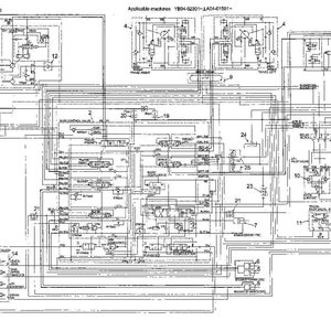 May include: A technical black and white schematic diagram labeled 2.4 KCMA STD Model, detailing hydraulic system connections for applicable machines YB04-02301-LA04-01501. The document features numerous numbered components, interconnected lines, and valve symbols.