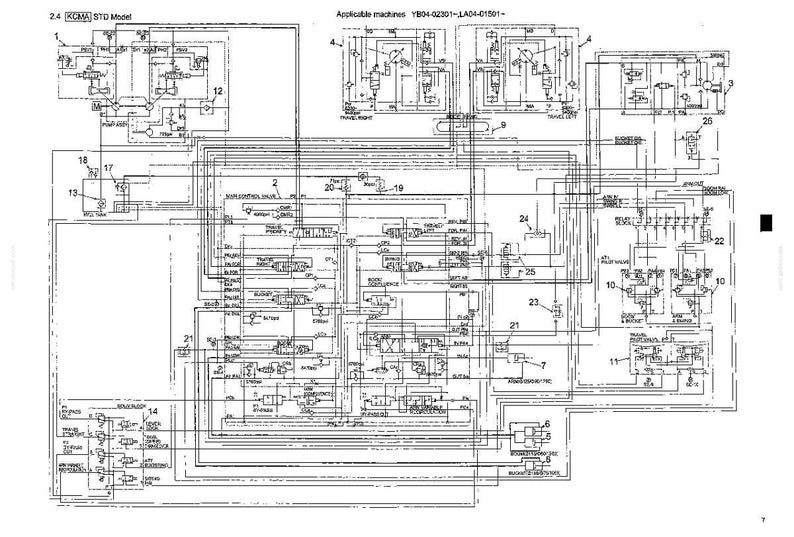 May include: A technical black and white schematic diagram labeled 2.4 KCMA STD Model, detailing hydraulic system connections for applicable machines YB04-02301-LA04-01501. The document features numerous numbered components, interconnected lines, and valve symbols.