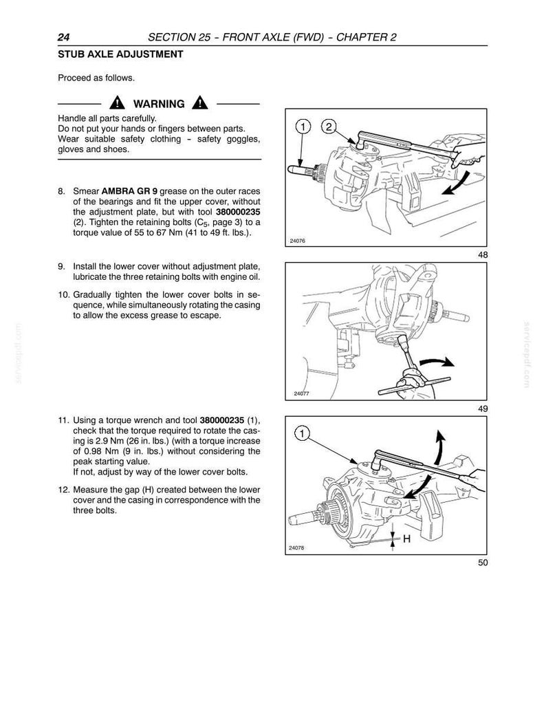 May include: A technical manual page titled SECTION 25 - FRONT AXLE (FWD) - CHAPTER 2, detailing stub axle adjustment procedures. It includes numbered instructional steps, a warning section, and three black-and-white line drawings showing mechanical assembly.