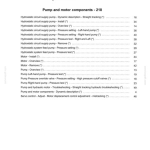 May include: Index page for Hydrostatic drive - 29, listing pump and motor components. Includes sections on hydrostatic circuit supply pump, motor, and servo control. Text includes page numbers and a note about specific models.