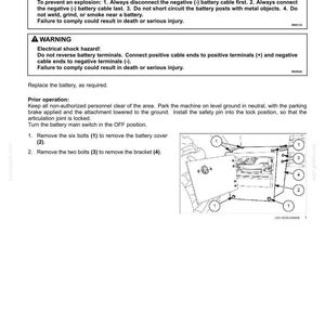May include: A page from a maintenance manual detailing battery replacement. The text includes safety warnings about battery gas explosions and electrical shock hazards. A diagram illustrates the removal of bolts and brackets.
