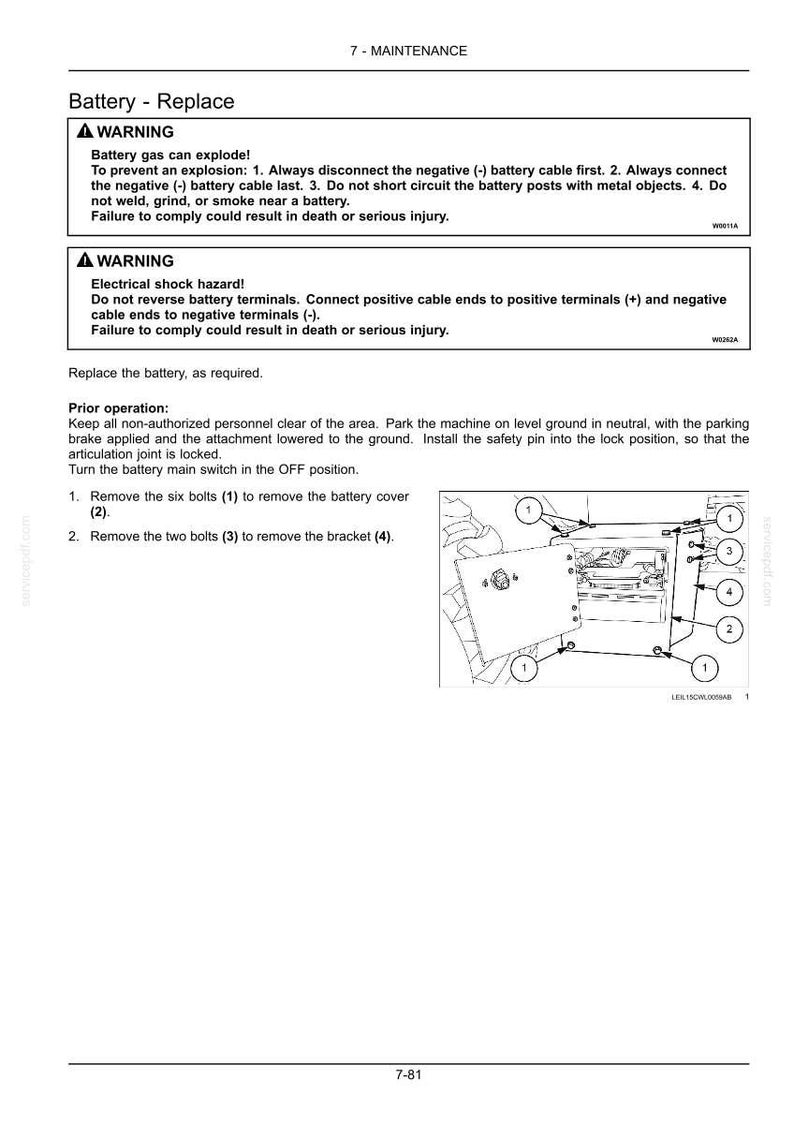 May include: A page from a maintenance manual detailing battery replacement. The text includes safety warnings about battery gas explosions and electrical shock hazards. A diagram illustrates the removal of bolts and brackets.
