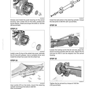 Op de afbeelding: Een pagina uit een handleiding met diagrammen en instructies voor autoreparatie. Stappen omvatten het smeren van lagers, het installeren van O-ringen en het aandraaien van bouten. Tekst bevat koppel specificaties in Newtonmeters.