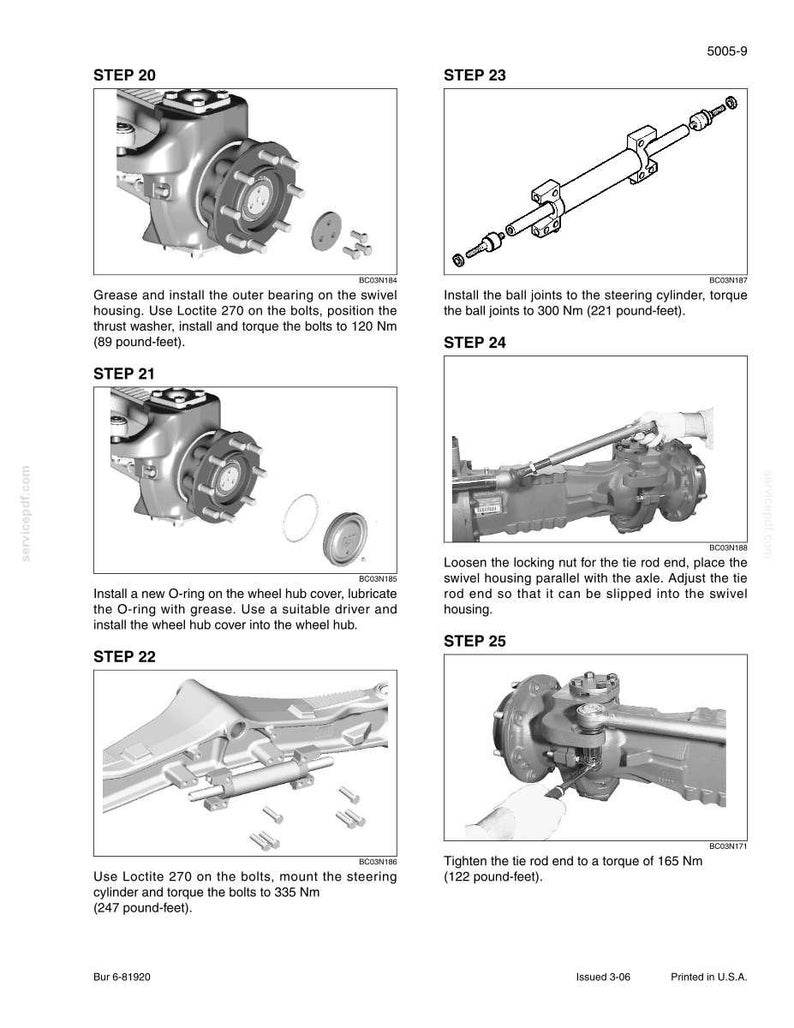 Op de afbeelding: Een pagina uit een handleiding met diagrammen en instructies voor autoreparatie. Stappen omvatten het smeren van lagers, het installeren van O-ringen en het aandraaien van bouten. Tekst bevat koppel specificaties in Newtonmeters.