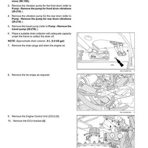 May include: Diagram of engine removal steps, including removing the cab, platform, and pumps. The image shows detailed views of engine components with arrows pointing to specific parts. Text instructions are provided.