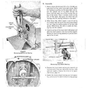 May include: Technical diagram from a manual detailing the assembly of a four-speed transmission. The image includes close-ups of components like the shift lever spring, release bearing, and input shaft bearing. Text labels and diagrams provide assembly instructions.